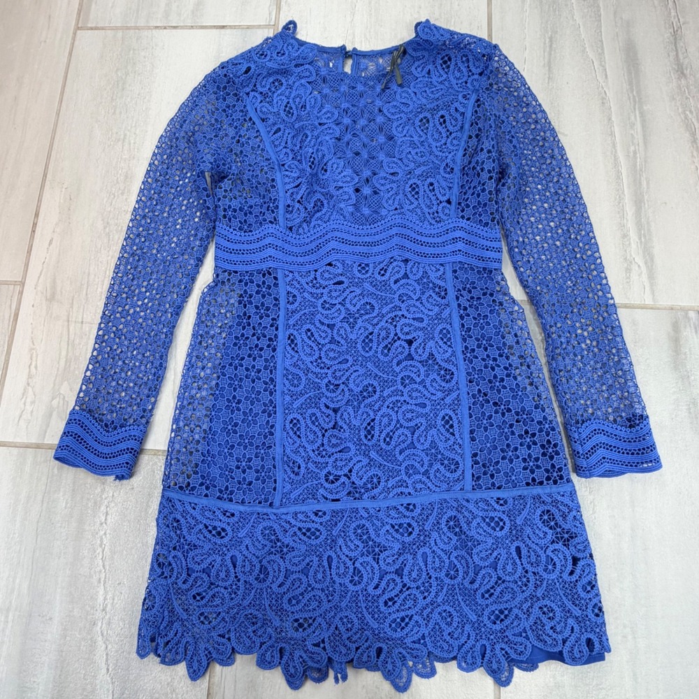 Anthropologie Royal Blue Guipure Lace Long Sleeve Mini Dress Sz 2 Floral Scallop